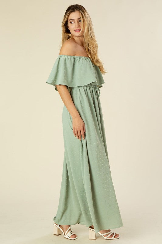 Sage Swiss Dot Off-Shoulder Maxi Dress – lemon blonde boutique