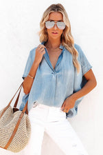 Women Sky Blue Split V Neck Oversized Denim Blouse - lemon blonde boutique