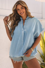 Women Sky Blue Split V Neck Oversized Denim Blouse - lemon blonde boutique