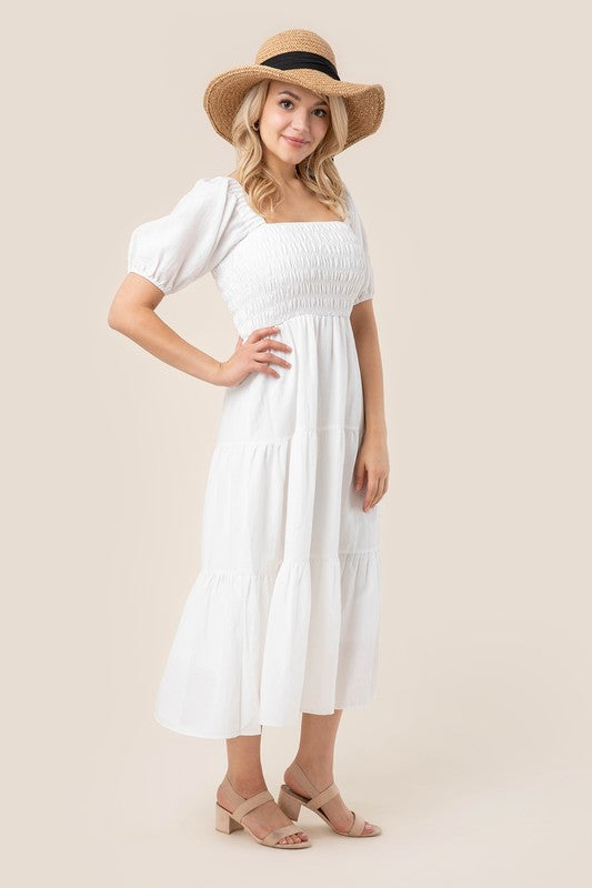 Puff Sleeves Smocked Tiered Midi Dress - White - lemon blonde boutique