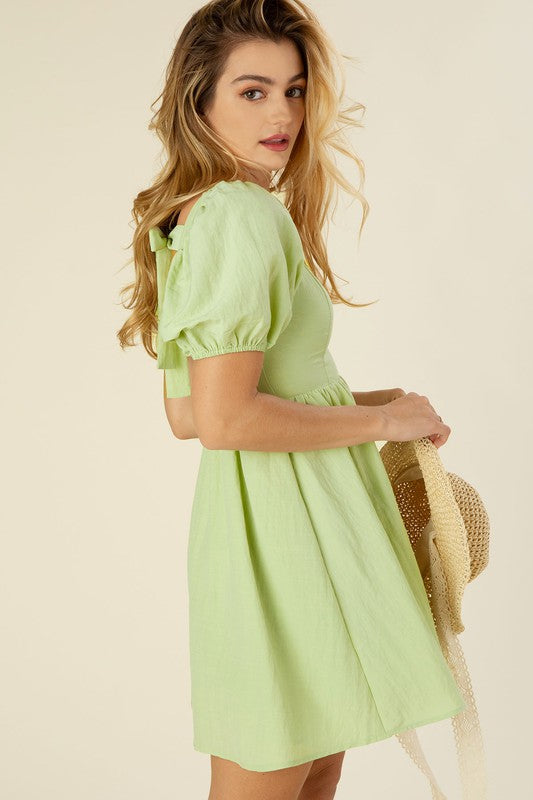Puff Sleeves Bow Mini Dress - Green - lemon blonde boutique