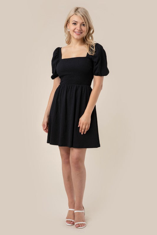 Black Puff Sleeve Smocked Dress - lemon blonde boutique