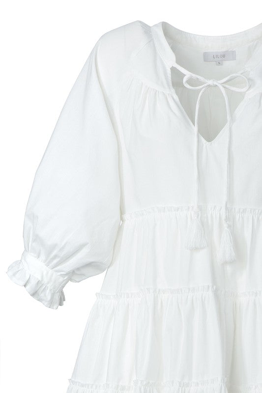 Sofia Tiered Tassel Mini Dress - Off White - lemon blonde boutique