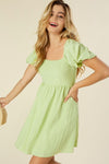 Puff Sleeves Bow Mini Dress - Green - lemon blonde boutique